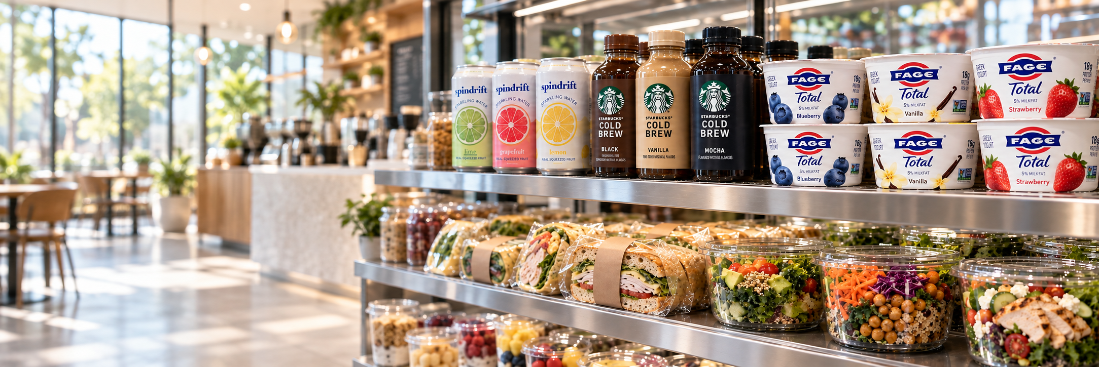 Grab-and-go sandwiches and salads in a refrigerated case beside an airy café